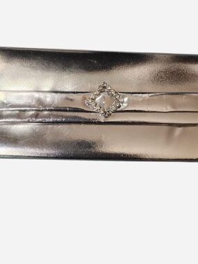 Silver Metallic Evening Clutch with Rhinestone Accent
